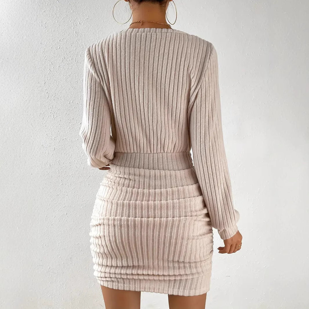 Women's Brushed Sunken Stripe Long-sleeved Waist Sheath Dress