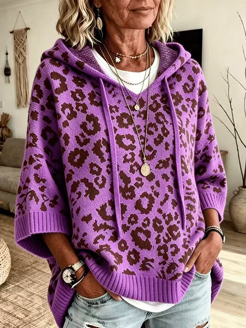 Leopard Print Hooded Drawstring Knitted Outerwear Pullover Sweater