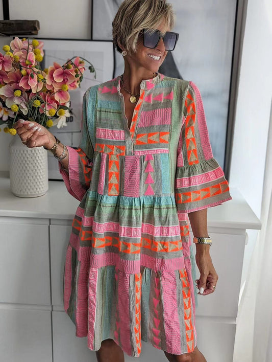Fashion Printing Stand-up Collar Sleeve Dress Dresses