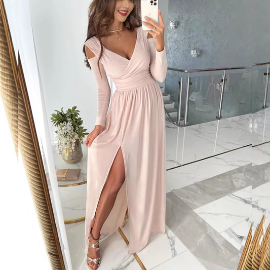 Women's Long-sleeved Solid Color Hem Split Dress