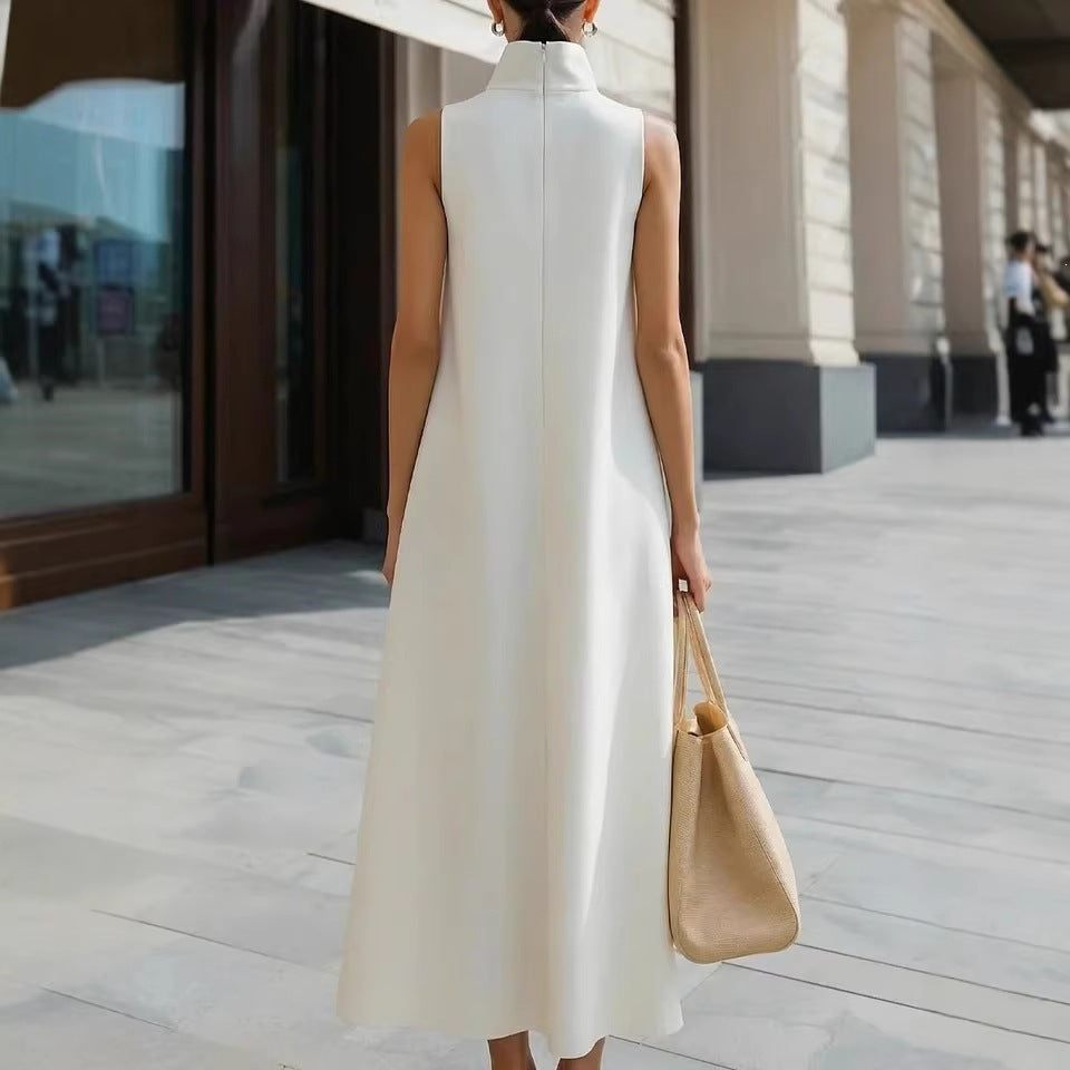 Elegant Commuter Stand Collar One Button Solid Color Dress