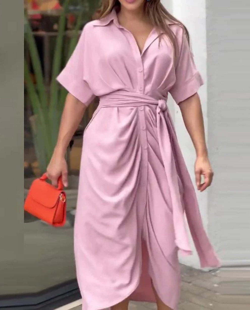 Women's Mid-length Sleeve Single-breasted High Waist Shirt Dresses