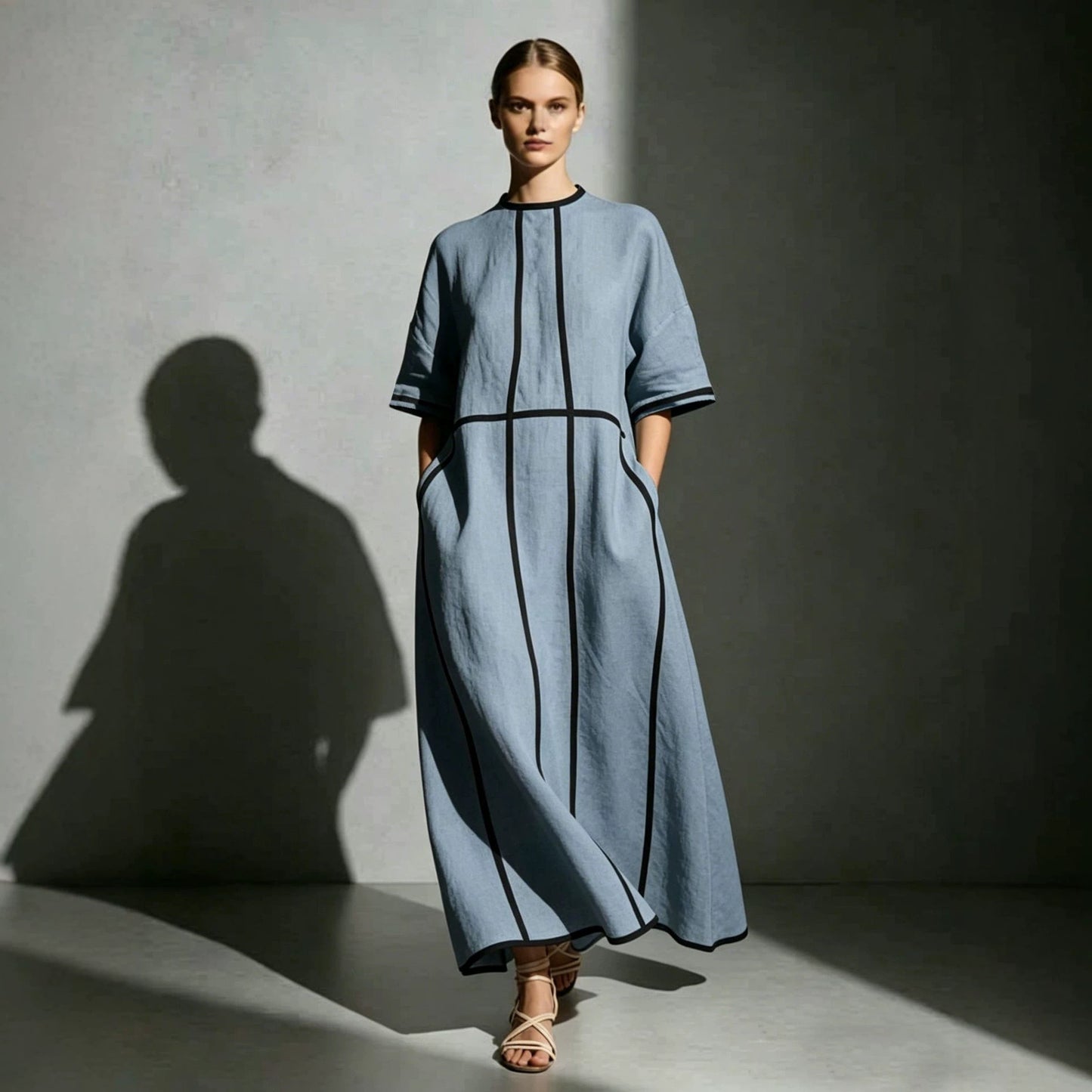 Women's Summer Round Neck Pocket Line Loose Dress