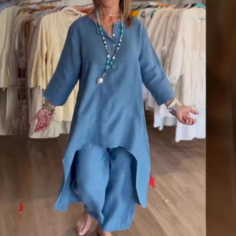 Women's Fashion Cotton Linen Casual Long Shirt Wide Suits