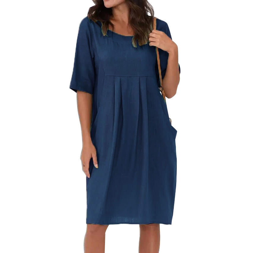 Women's Summer Cotton Linen Pleated Pocket Casual Loose Round Neck Dress