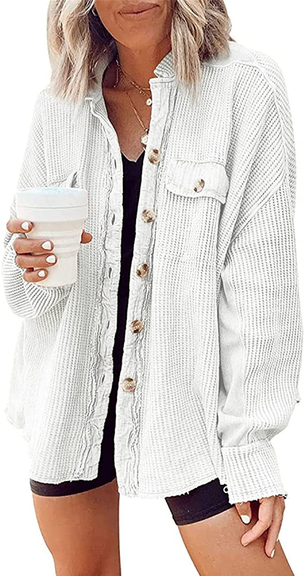 Loose Waffle Casual Shirt Stitching Fashion Blouses