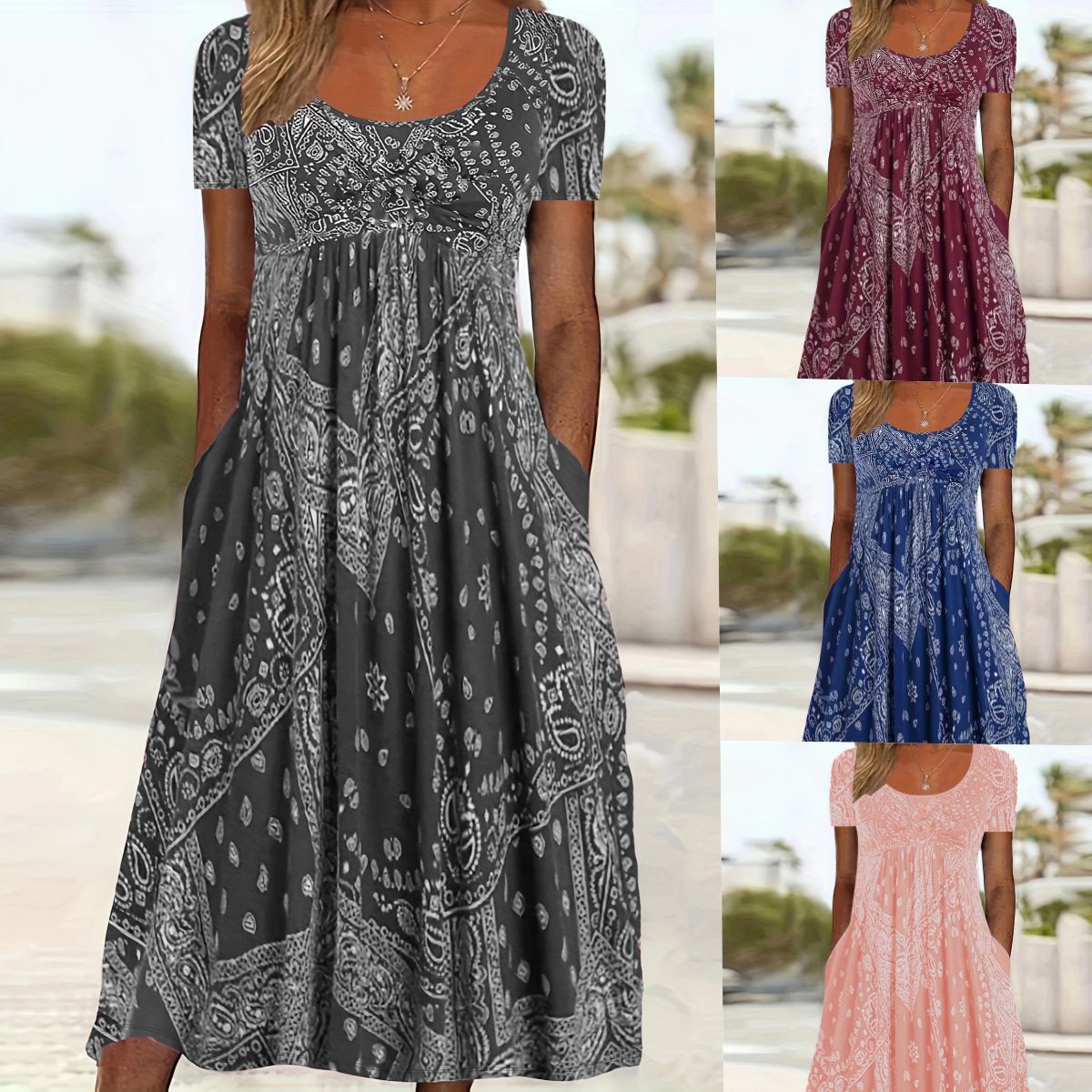 Round Neck Vintage Printed Comfort Casual Style Dress
