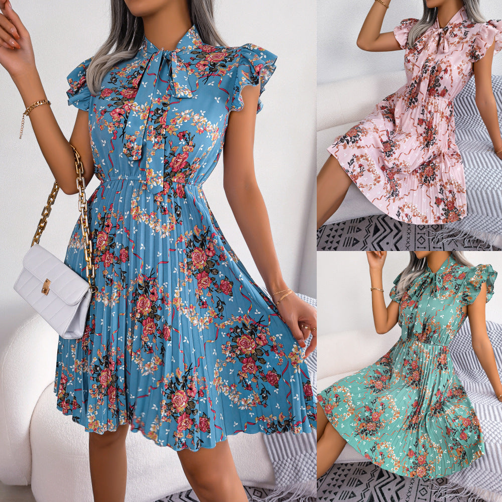 Women's Dignified Flowers Large Hem Pleated Dress
