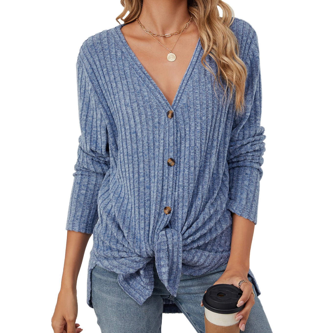 Women's Solid Color Long Sleeve Button Knitted Emerized Women's Sweater
