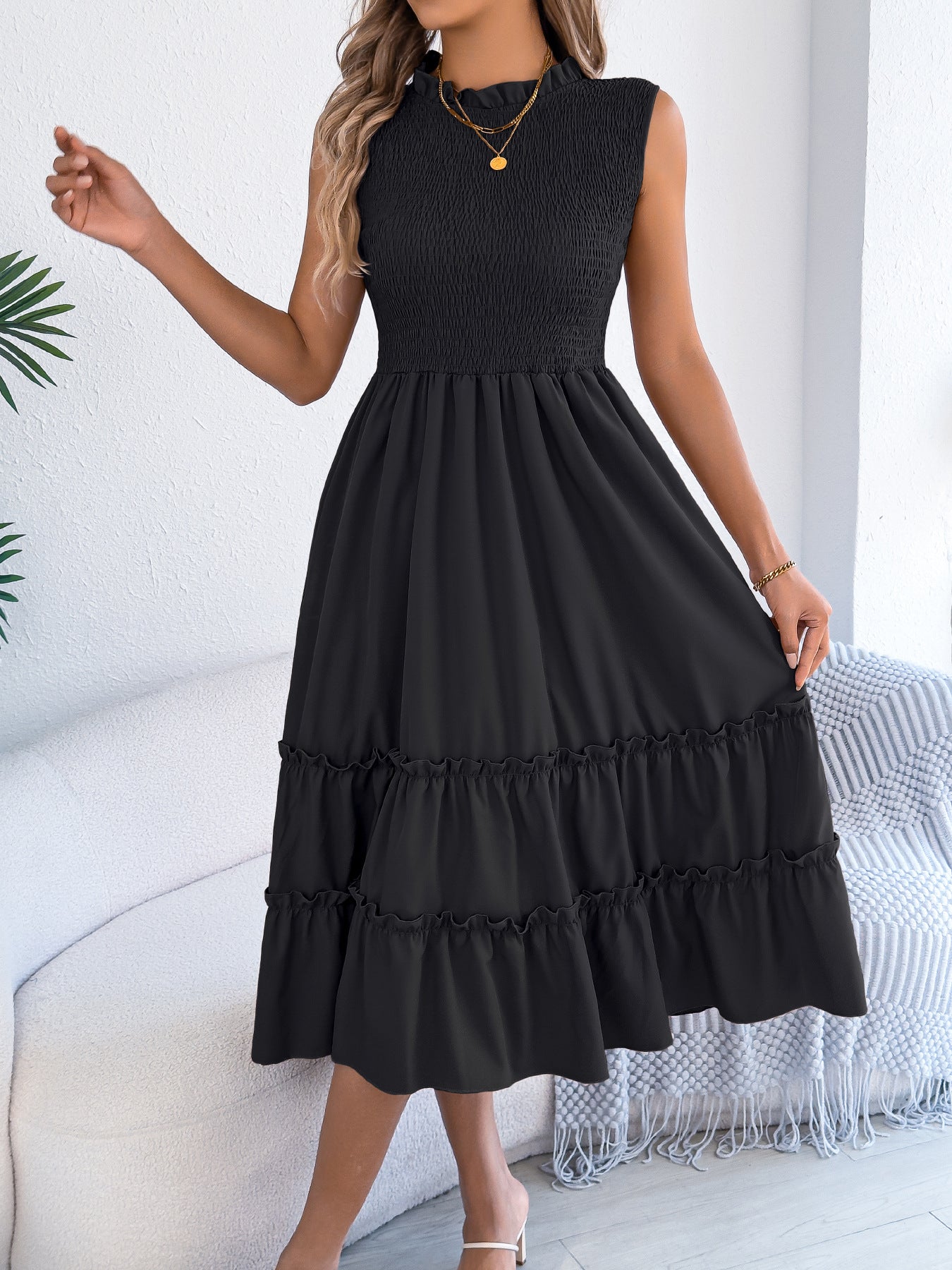 Women's Casual Sleeveless Smocking Wooden Ear Large Clothing