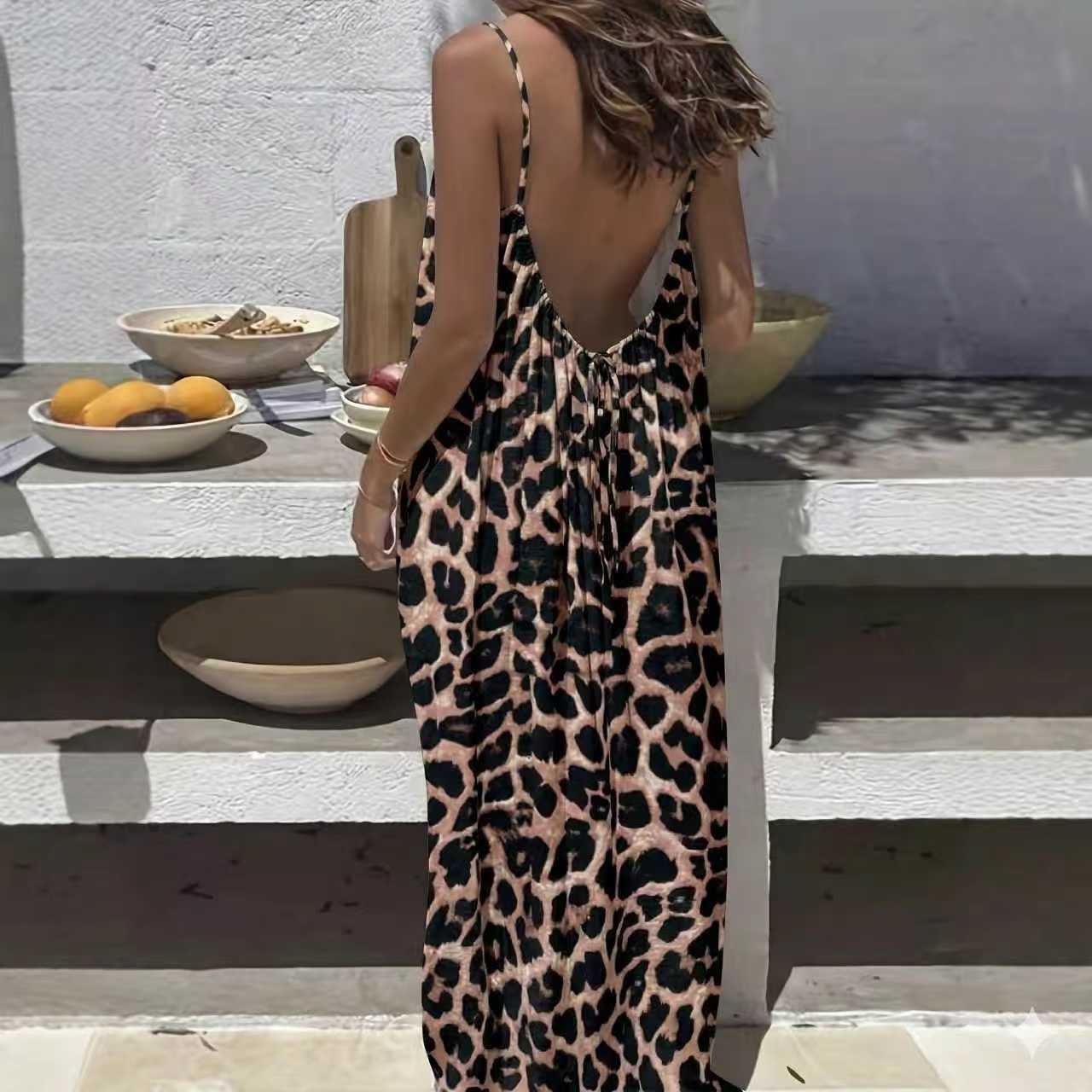 Women's Sling Backless Loose Leisure Pajamas Printed Dress