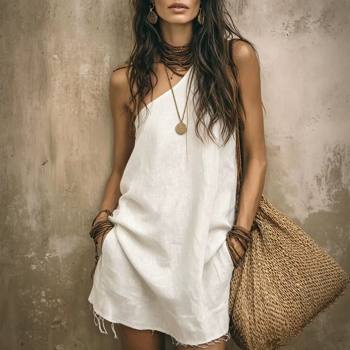 Oblique Shoulder Solid Color Bohemian Style Characteristic Dress