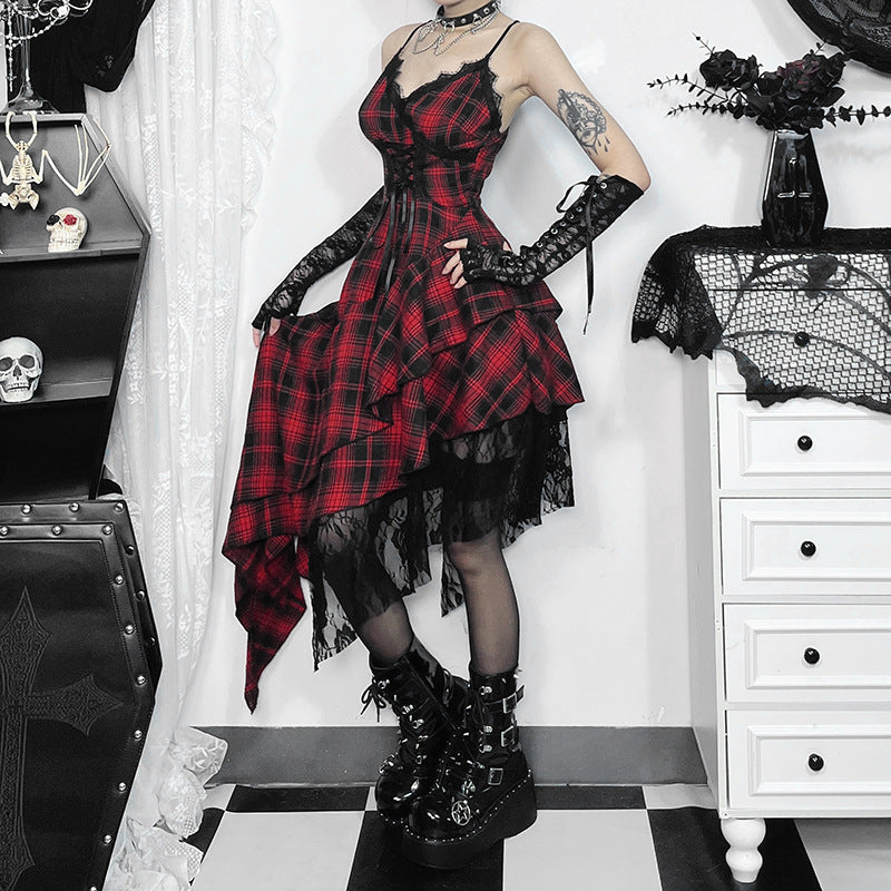 Women's Camisole Dark Irregular Stitching Hem Plaid Dresses