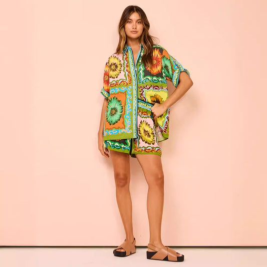 Loose Casual Fashionable Printed Daisy Linen Suits