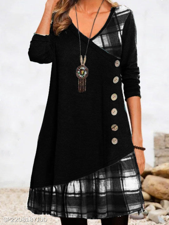 Autumn Stitching Decorative Buckle Long Sleeve Plaid Dresses