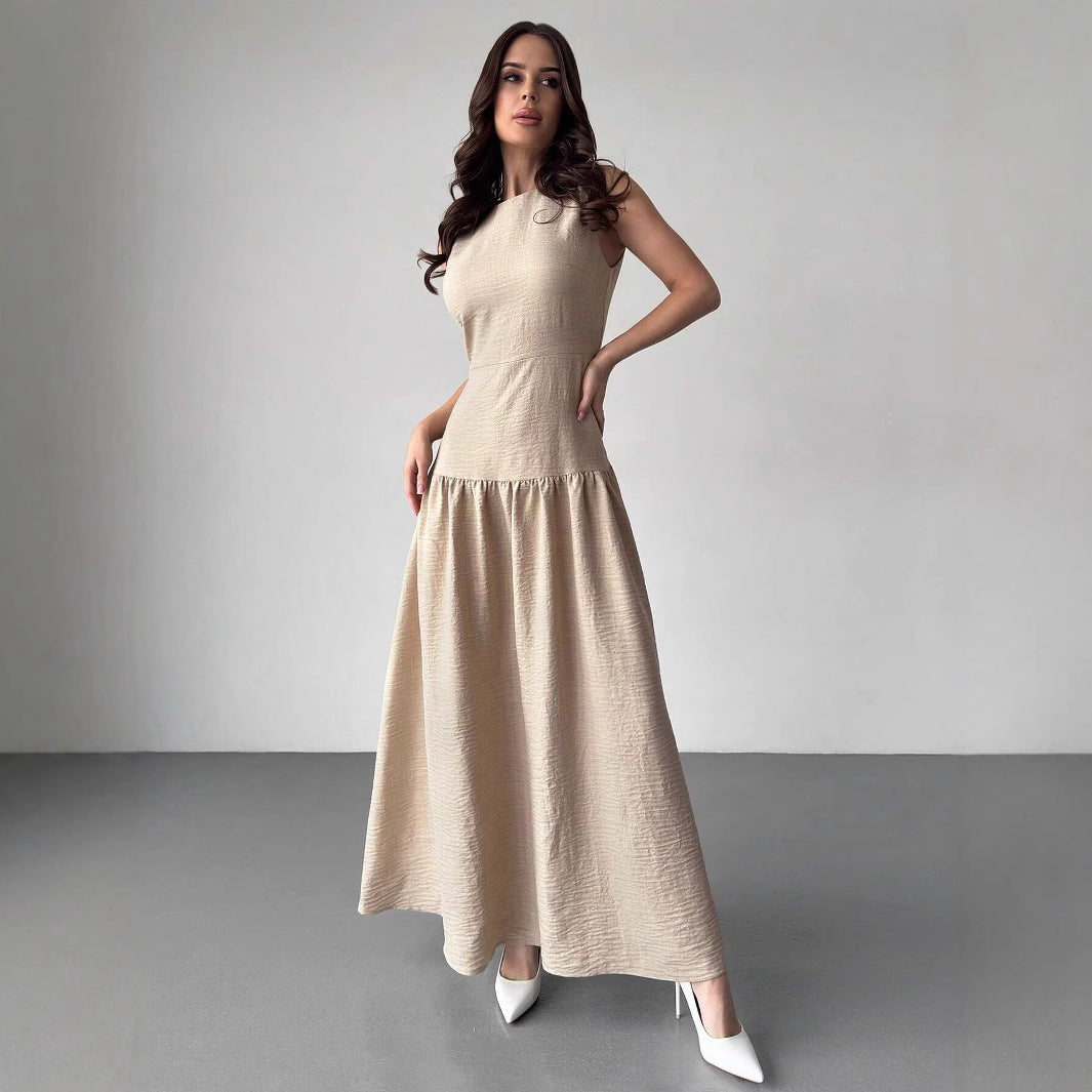 Women's Elegant Imitation Linen Cotton Harness Waist Gentle Retro Dress