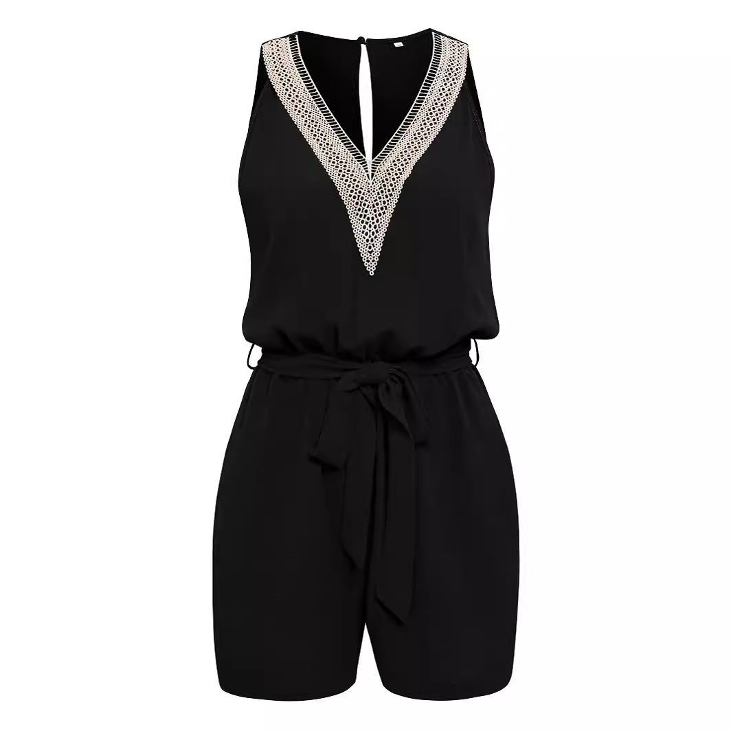 Women's Casual Lace Solid Color Sleeveless Jumpsuits