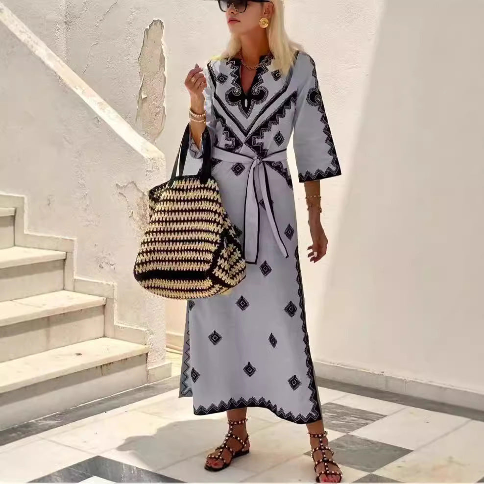 Women's Printed Belt Linen Bohemian Dress Dresses