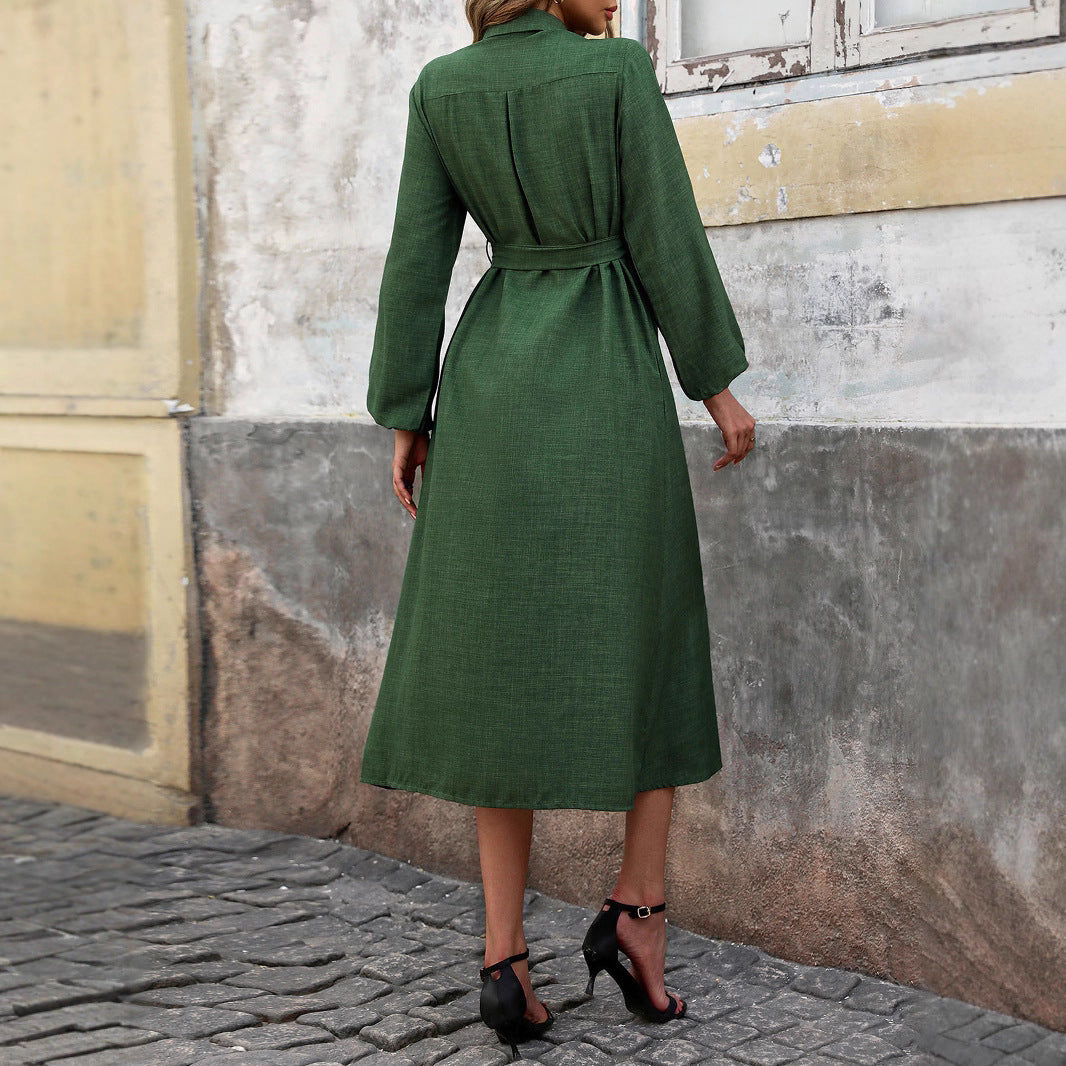 Women's Autumn Turn-down Collar Green Long Sleeve Solid Dresses
