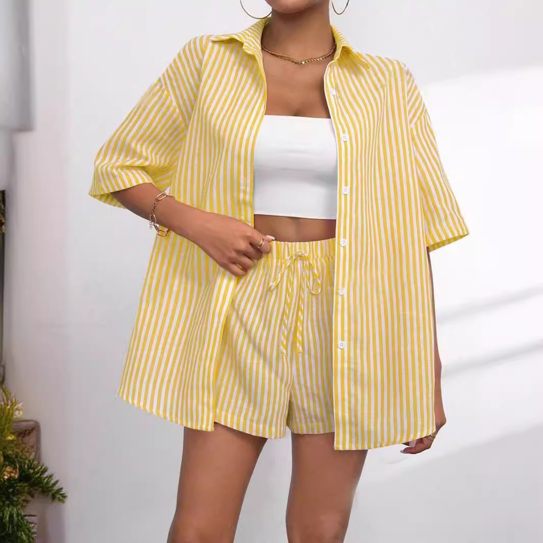 Lapel Casual Striped Sleeve Two-piece Set Pants