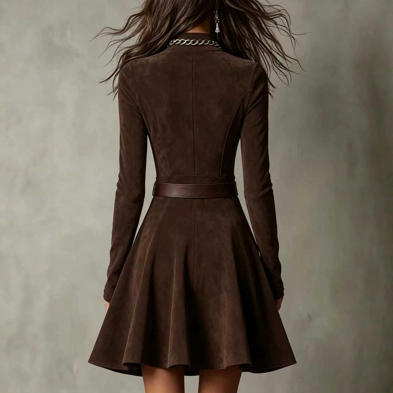 Women's Suede Long-sleeved Retro High Collar Slim Fit Skirts