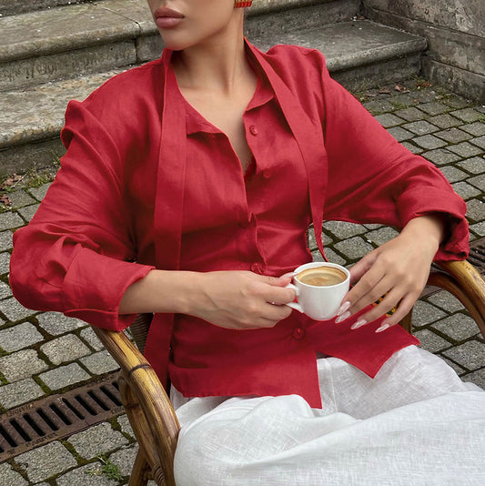 Women's Linen Ribbon Shirt Design Sense Graceful Fashionable Blouses