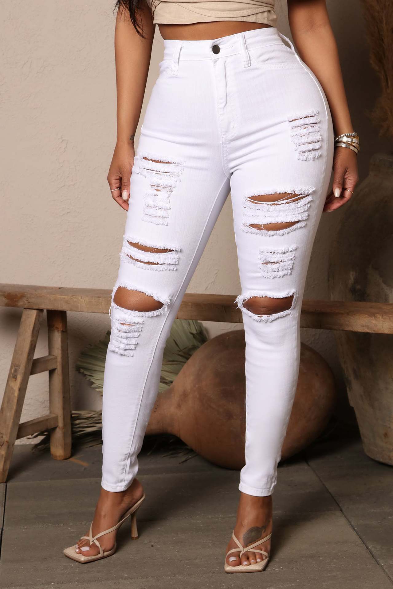 Women's Black White Stretch Ripped For Skinny Jeans
