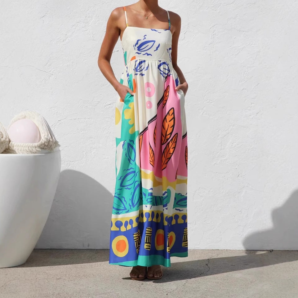 Summer Vacation Style Printing Slip Beach Dress