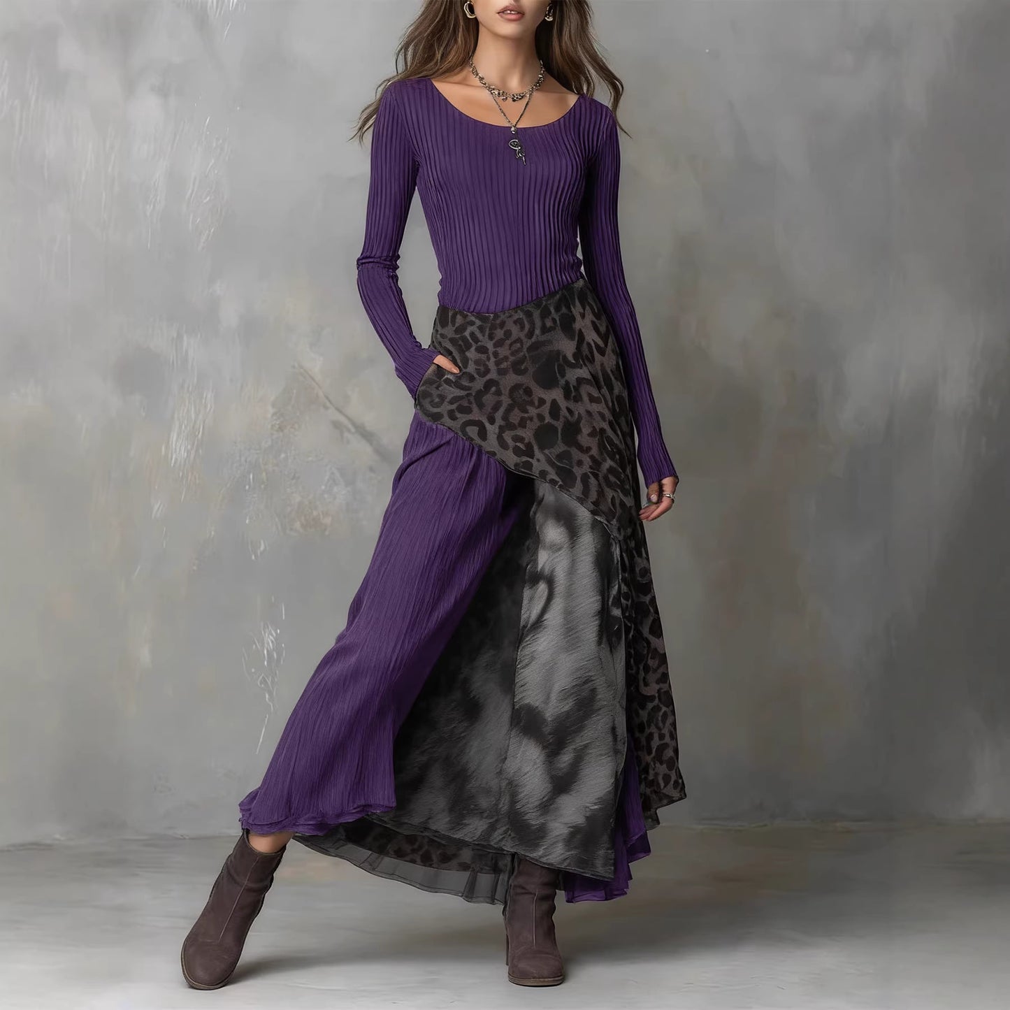 Leopard Print Elastic Waist Large Swing Dress