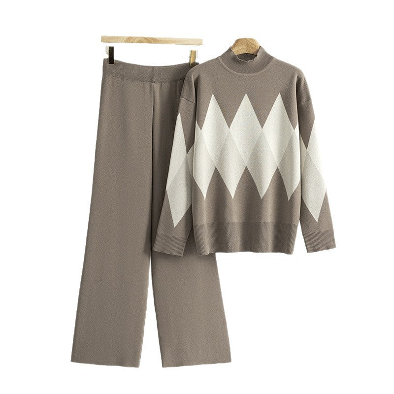 Women's Rhombus Mock Neck Idle Style Two-piece Fashion Casual Suit