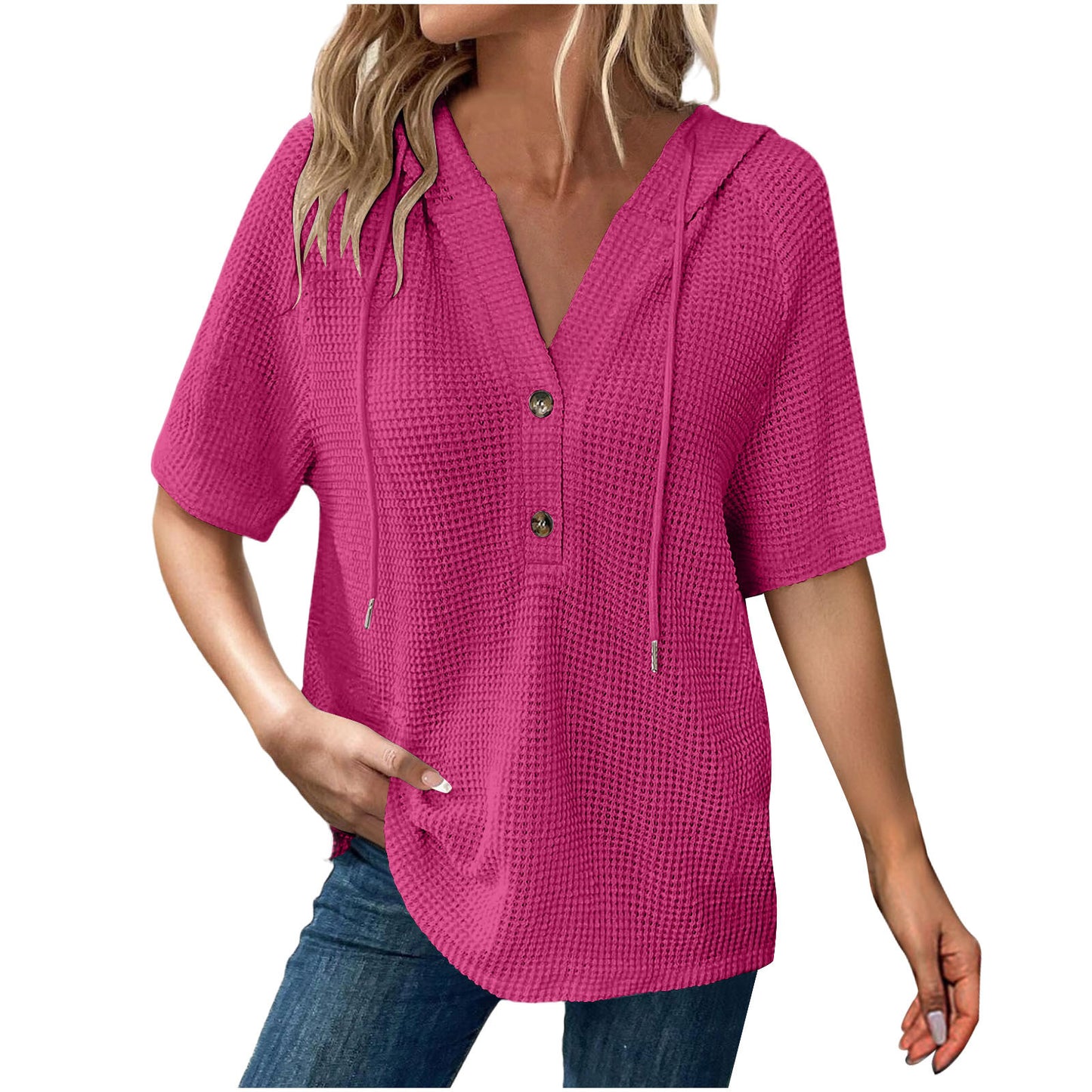 Women's Solid Color Waffle Hooded Button Loose Sleeve Shorts