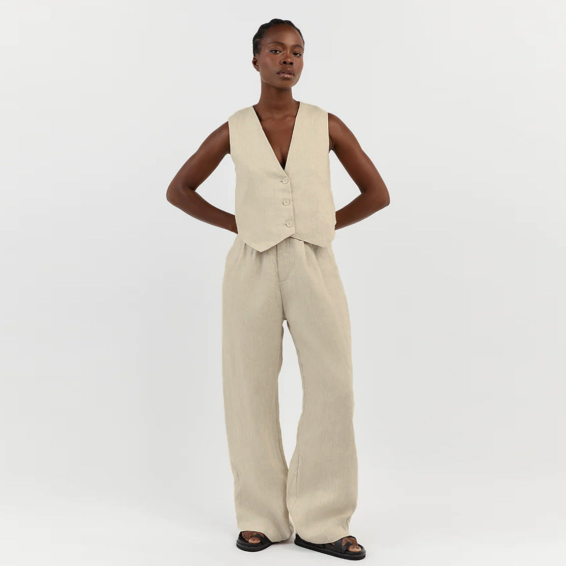 Women's Cotton Linen Sleeveless Waistcoat Trousers Two-piece Set Suits