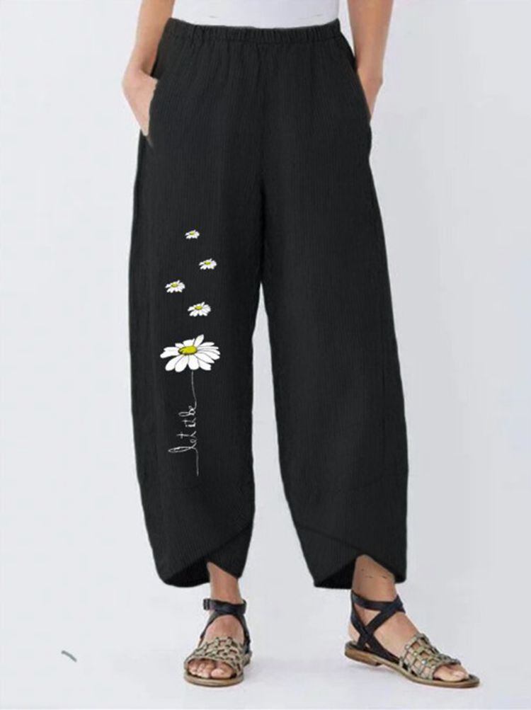 Women's Linen Cartoon Daisy Print Elastic Waist Pants