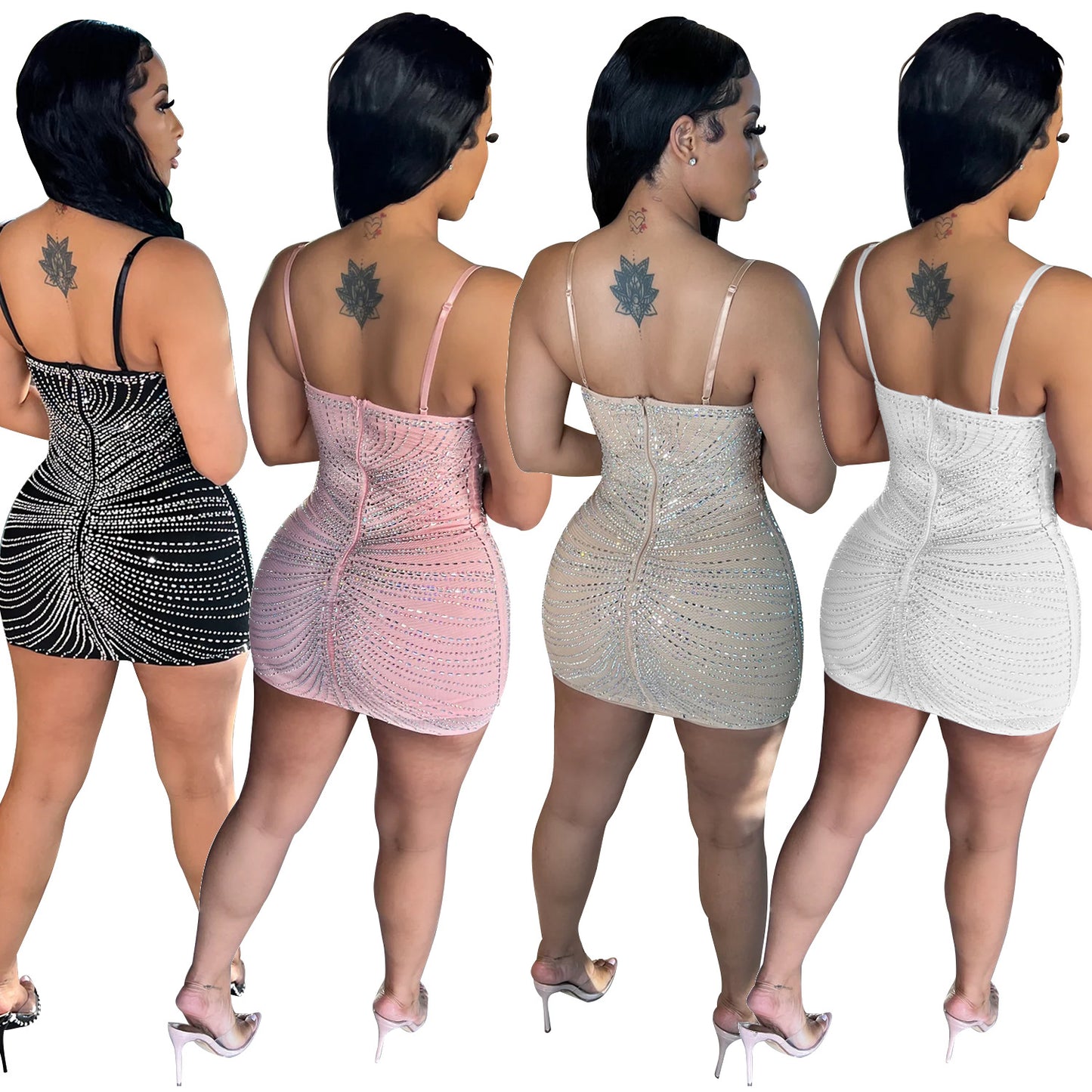 Women's Sexy Mesh Rhinestone Night Club Slip Dresses