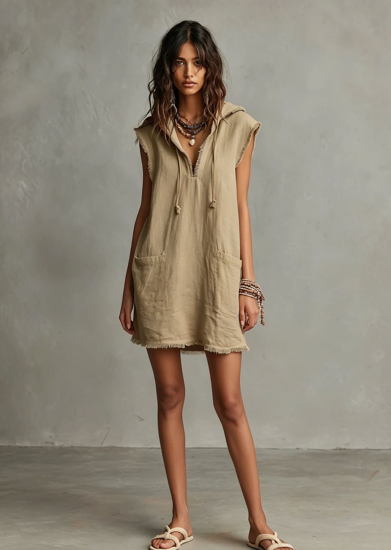 Women's Minimalist Linen Blended Mini Hooded Sleeveless Frayed Dress