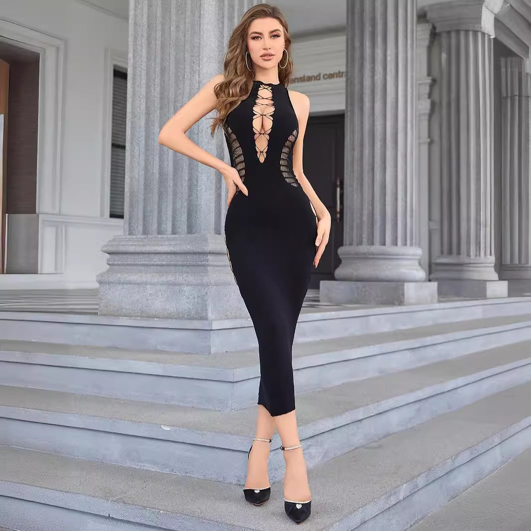 Women's Autumn Sleeveless Round Neck Hollow Sexy Slim Fit Clothing