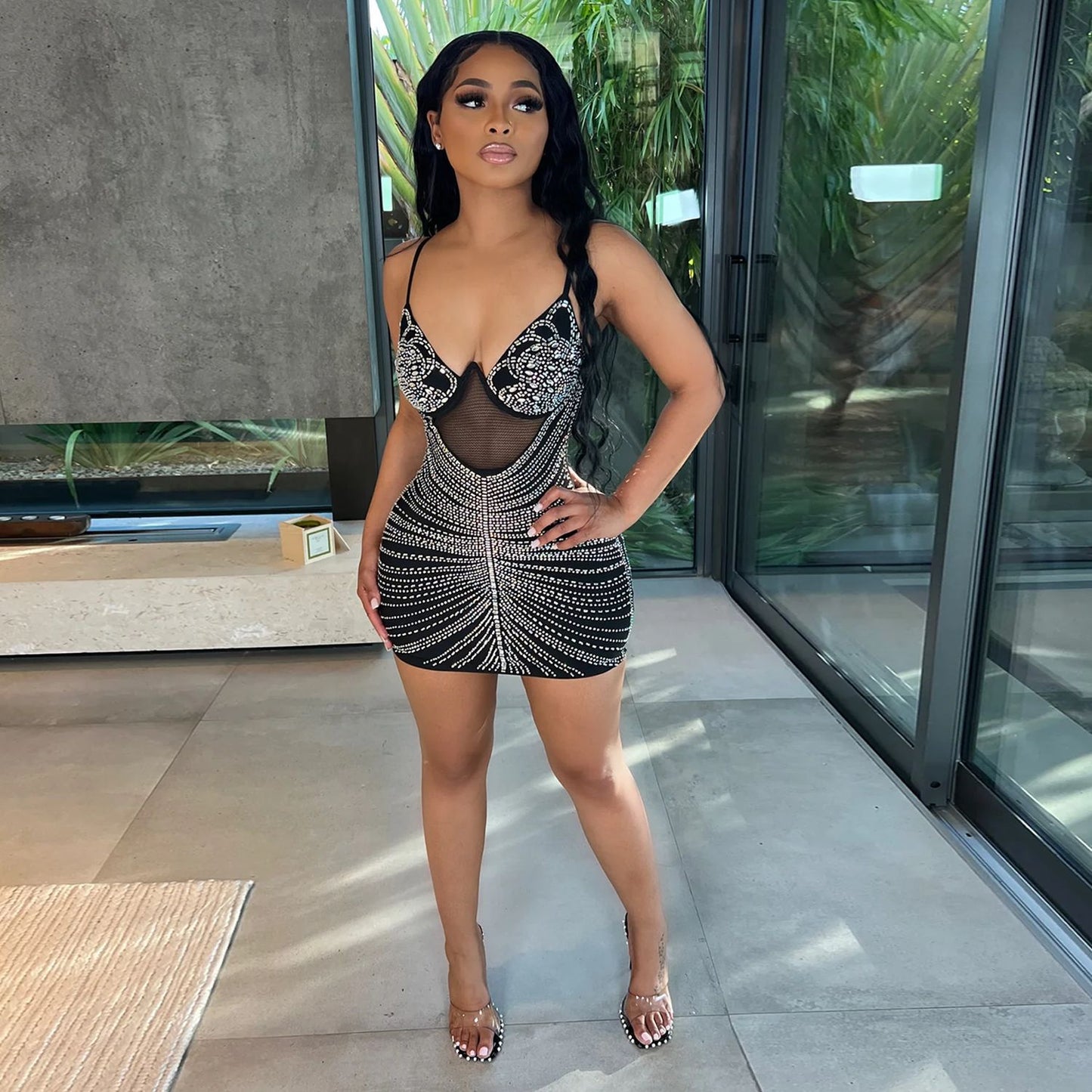 Women's Sexy Mesh Rhinestone Night Club Slip Dresses