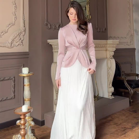 Women's Autumn Fashion Color Contrast Pleated Maxi Dresses