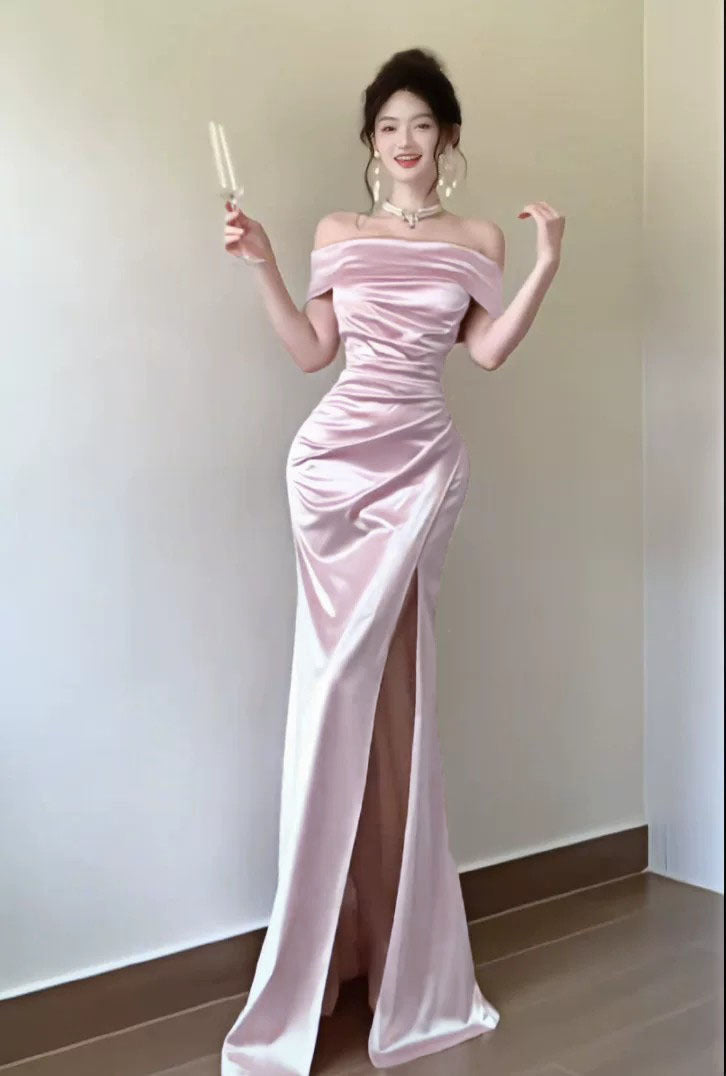 French Style Gown Satin Texture Slit Dress
