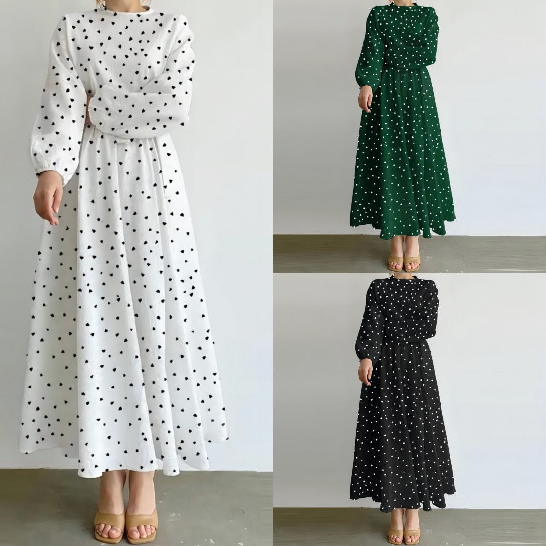 Loose Long Sleeves Round Neck Heart Shape Printed Dress
