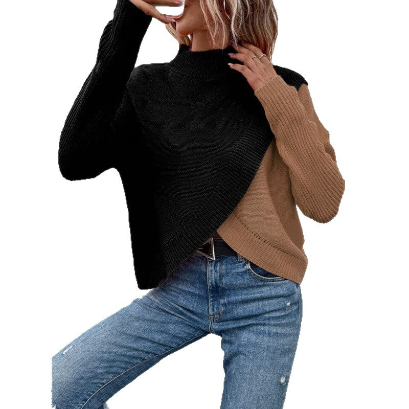 Women's Turtleneck Knitted Asymmetric Cross Hem Loose Slimming Long Sweaters
