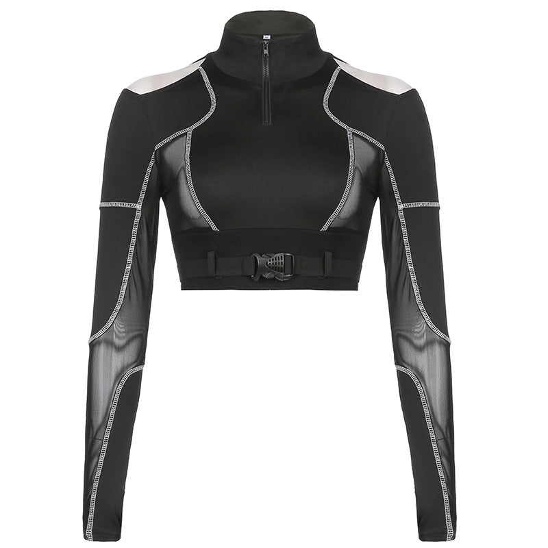 Mesh Patchwork Cropped T-shirt Hot Slimming Reverse Car Blouses