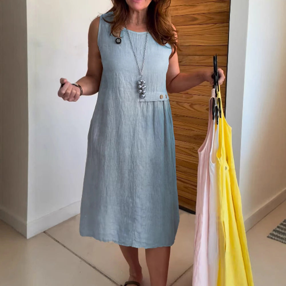Women's Summer Button Pocket Sleeveless Round Neck Cotton Dress