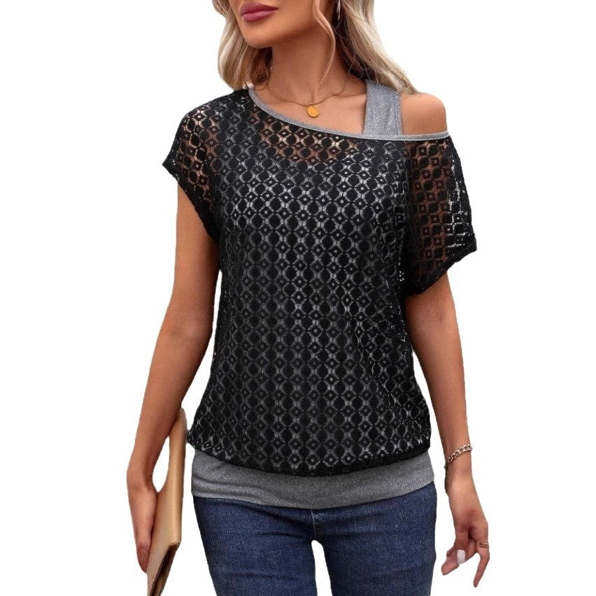 Women's Lace Mesh Round Neck Sleeve Fake Two-piece Knitted Sweaters