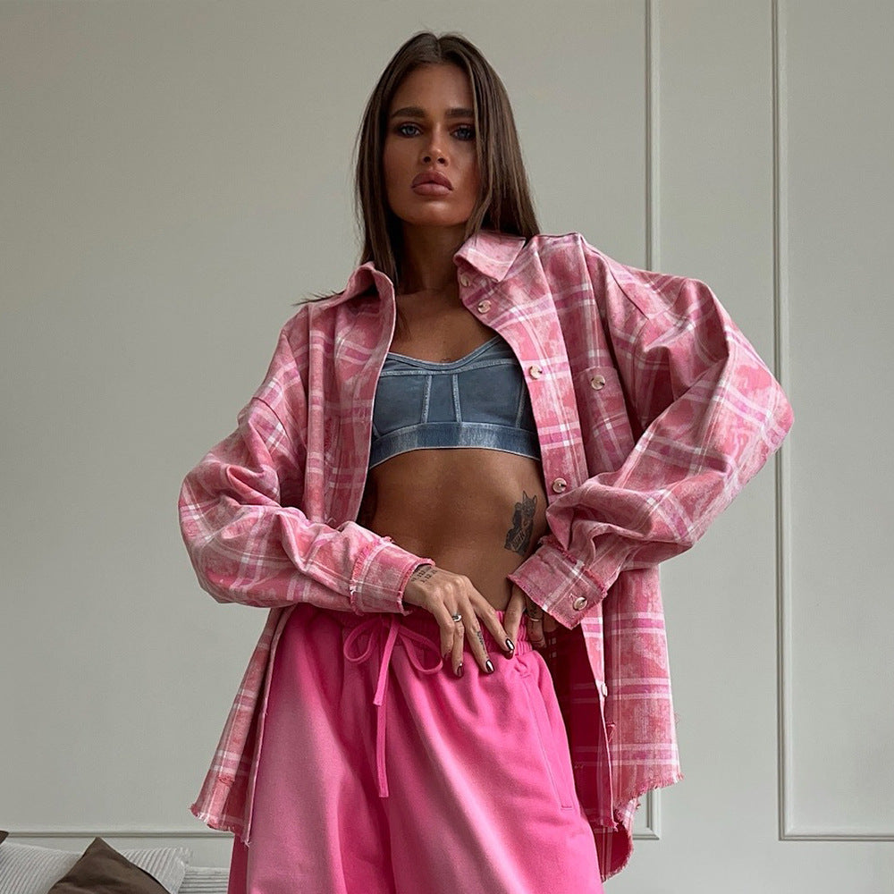 Plaid Shirt Retro Trendy Loose Pink Blouses