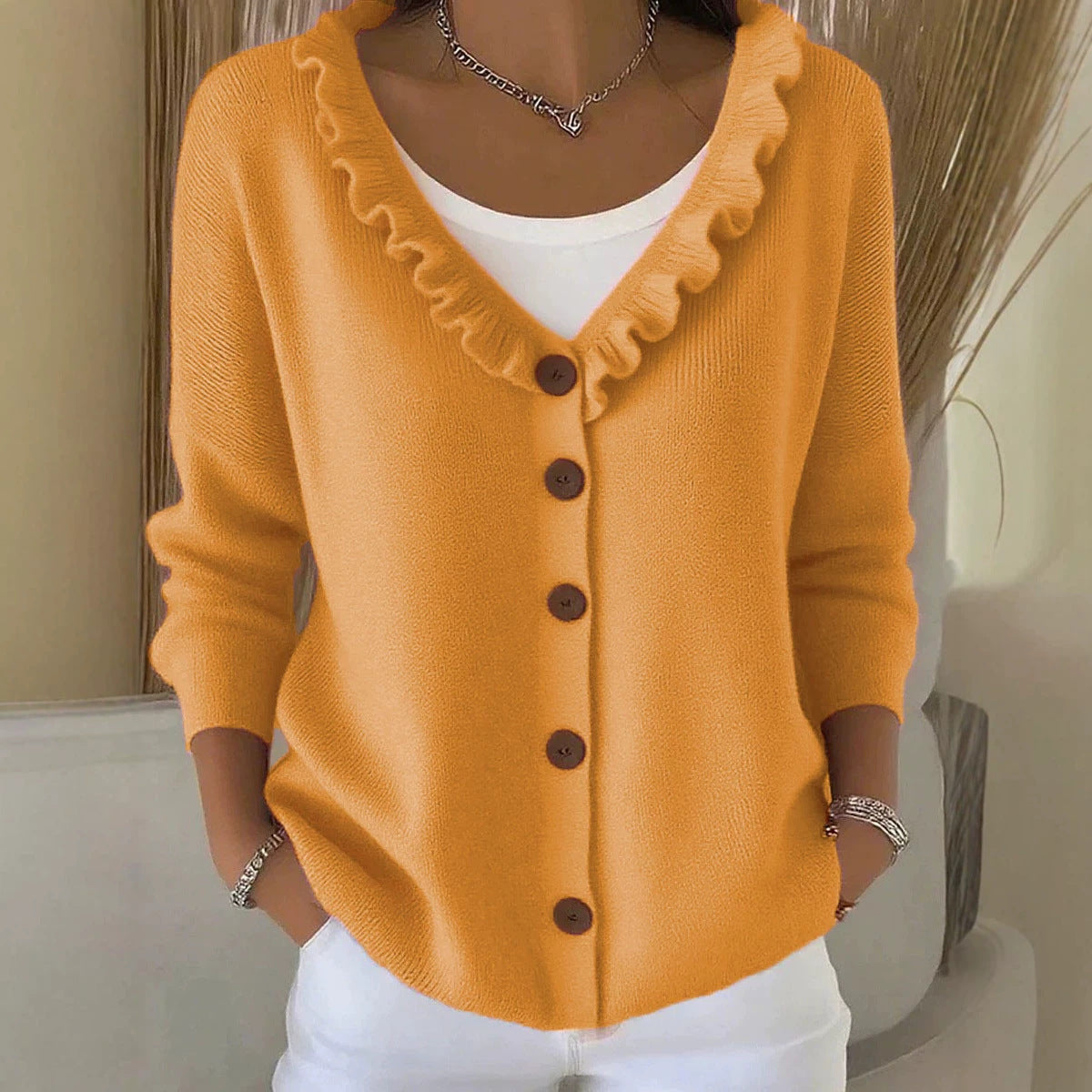Wooden Ear Knitted Button Solid Color Sweater