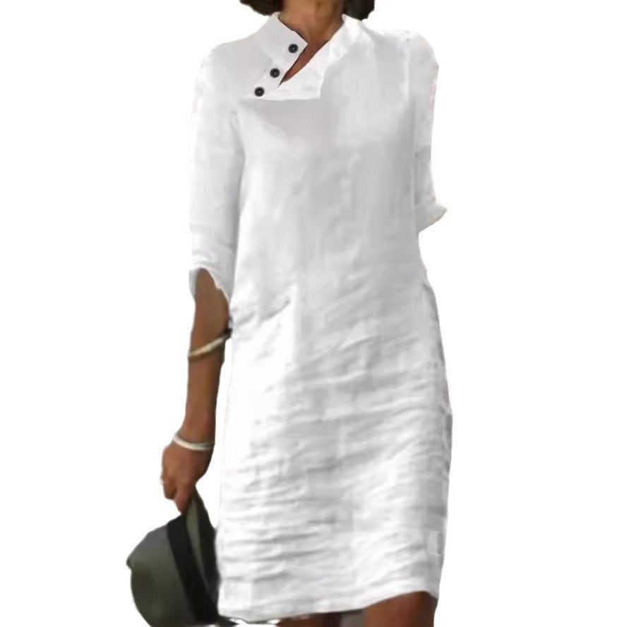 Casual Stand Collar Button Cotton Linen Solid Color Dresses