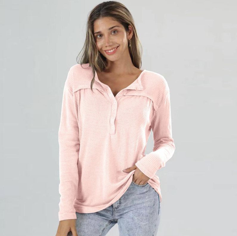 Women's Waffle Autumn Loose Button Long Sleeve Tops