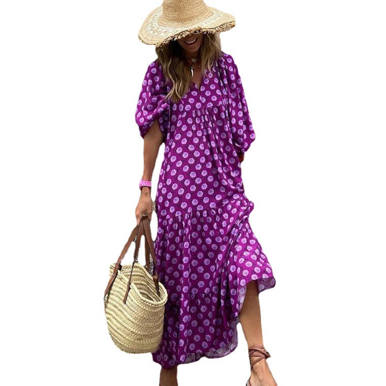 Women's Autumn Geometric Print Puff Sleeve Dress Dresses