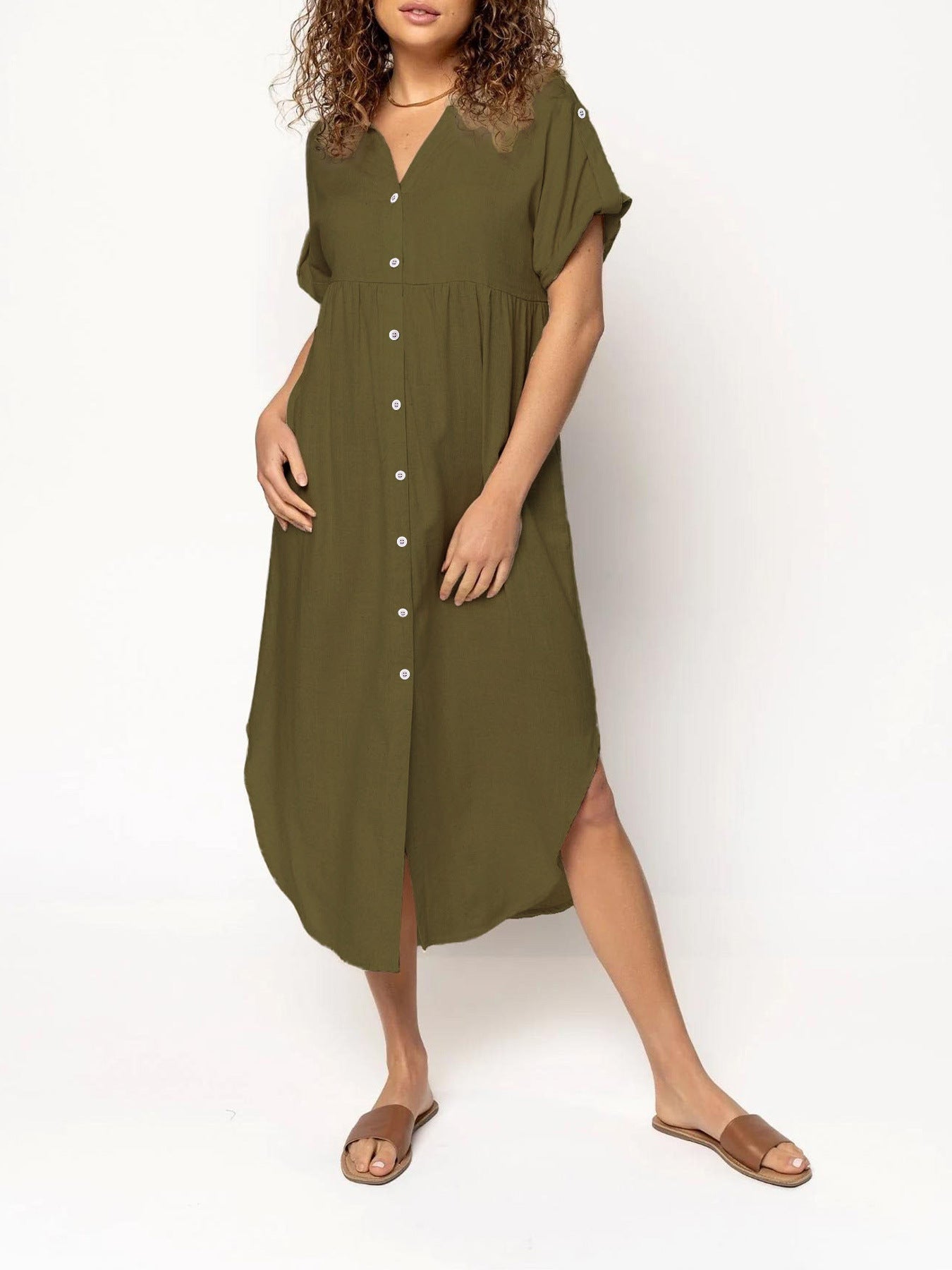 Loose Temperament Casual Solid Color Buttons Dress